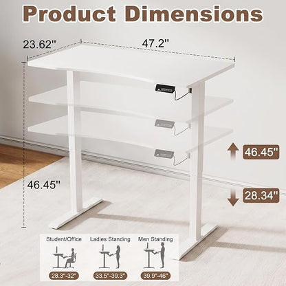 Solid Wood Electric Standing Desk 47.2"x23.6"Home Office Desk,Adjustable Workbench with 3 Stages Single Motor, Computer Workstation with T-Shaped Metal Bracket,Walnut Standing Desk for Gaming(1 Box)