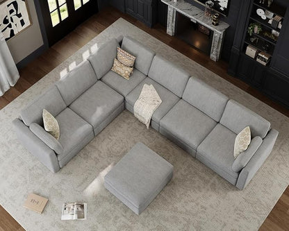 Oversized Modular Sectional Sofa V-Shaped Cloud Couches Gray | Large Deep Seat Couch for Living Room, 7-Seater Luxury Corner Sofa with Ottoman, Solid Wood Frame, Removable Washable Cover