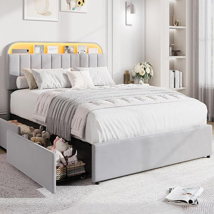 GarveeHome Queen Bed Frame with Storage Headboard, Kids Bed Frame with 2 Drawers, Velvet Upholstered Platform Bed Frame with Lights, No Box Spring Needed, Easy Assembly, Velvet Grey