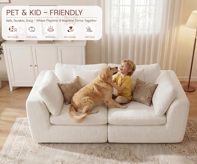 GRUSIGN 79'' Oversized Boneless Cloud Loveseat for Living Room, Modern Big Sectional Compressed 2 Seater Couch with 2 Throw Pillows, Comfy Chenille Deep Seat Foam Spineless 2 Person Couch, Beige