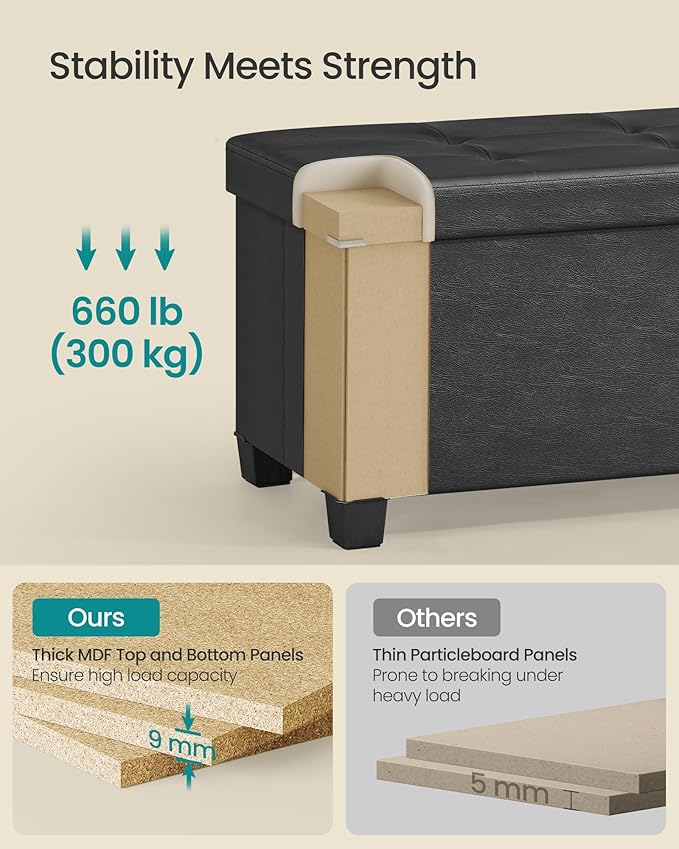 SONGMICS Storage Ottoman Bench with Legs, Folding Ottoman Foot Rest with Flipping Lid, Bench with Storage, for Living Room, Bedroom, Entryway, Synthetic Leather, 43.3 Inches, Ink Black ULSF085BH01