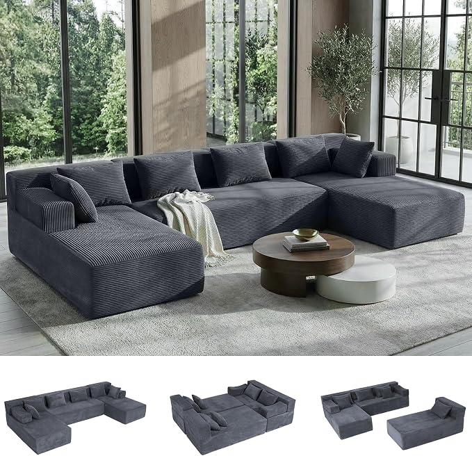 MONVANE 141" U Shaped Cloud Sectional Couch with Chaise Lounge, Modular Sectional Sofa with Removable Armrests, Comfy Corduroy Boneless Couches for Living Room, No Assembly Required, Grey