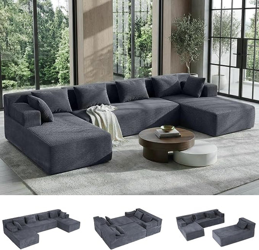 MONVANE 141" U Shaped Cloud Sectional Couch with Chaise Lounge, Modular Sectional Sofa with Removable Armrests, Comfy Corduroy Boneless Couches for Living Room, No Assembly Required, Grey