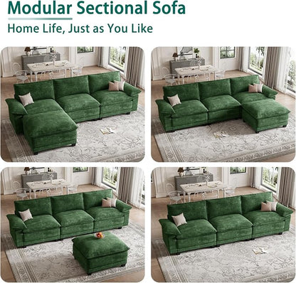 Modern L Shaped Sofa Couches for Living Room, Modular Sectional Cloud Couch with Movable Ottoman, Comfy Chenille Sofa for Apartment and Small Space, Green