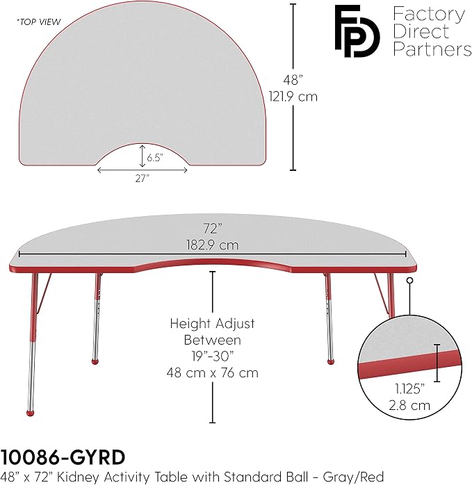 FDP Kidney Activity School and Office Table (48 x 72 inch), Standard Legs with Ball Glides for Collaborative Seating Environments, Adjustable Height 19-30 inches - Gray Top and Red Edge