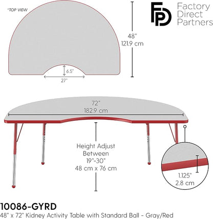 FDP Kidney Activity School and Office Table (48 x 72 inch), Standard Legs with Ball Glides for Collaborative Seating Environments, Adjustable Height 19-30 inches - Gray Top and Red Edge