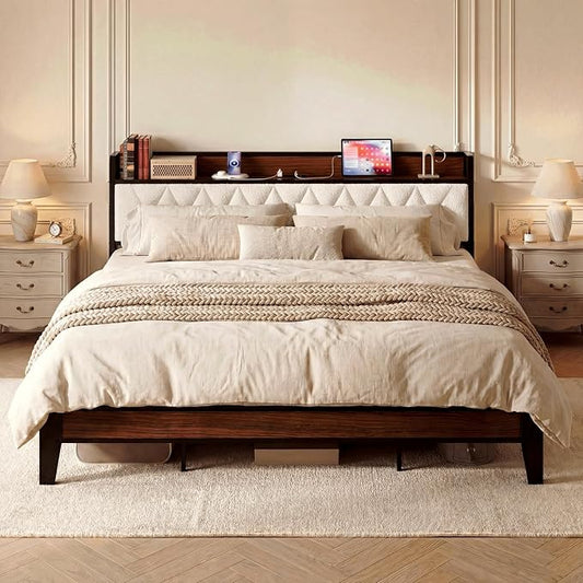 ANCTOR California King Bed Frame, Storage Headboard with Charging Station, Platform Bed Frame with Strong Metal Support, Sturdy and Stable, Noise Free, No Box Spring Needed, Easy Assembly, Walnut