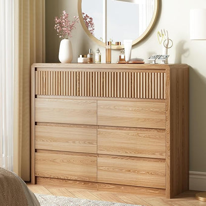 LYNSOM 9 Drawer Dresser for Bedroom, 50" Wide Fluted Dresser with Curved Corners, Wood Dressers & Chests of Drawers with Dual-Panel Design for Bedroom, Entryway, Oak