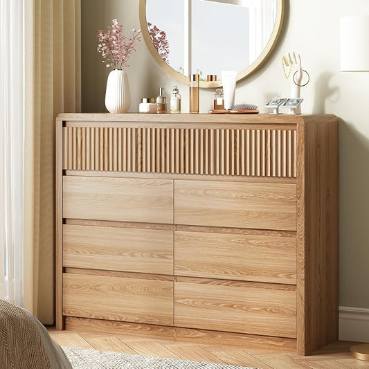LYNSOM 9 Drawer Dresser for Bedroom, 50" Wide Fluted Dresser with Curved Corners, Wood Dressers & Chests of Drawers with Dual-Panel Design for Bedroom, Entryway, Oak