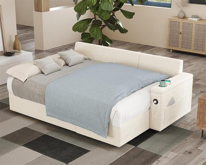 PaPaJet 84 Inch Pull Out Couch, Sleeper Sofa with Storage Chaise, Tufted L Shape Convertible Couch with 2 USB & Cup Holders, Boucle White