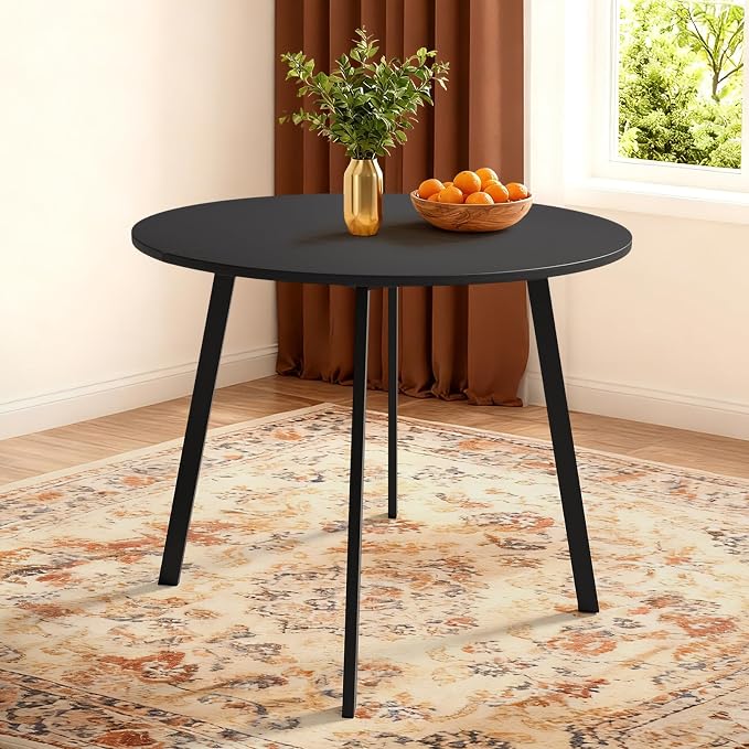 VINGLI Round Dining Table for 2-4, 35in Modern Dining Room Table with Metal Base, Black Wooden Kitchen Table, Space-Saving, Small Space Circle Dinette for Home, Kitchen, Apartment