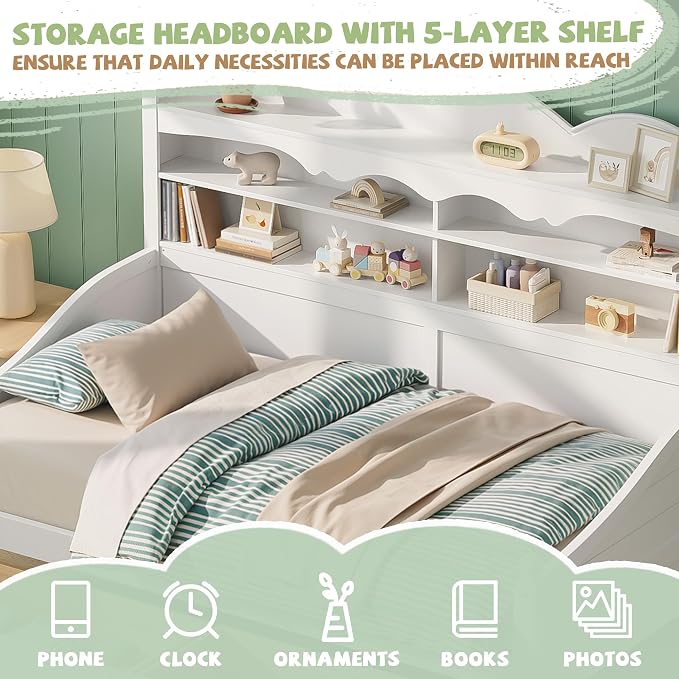 Merax Twin Daybed with Storage Drawers, Wood Twin Day Bed with 3-Tier Storage Headboard Shelves, Retro Style Twin-Size Daybed for Bedroom Guest Room, No Box Spring Needed, Easy Assembly, White