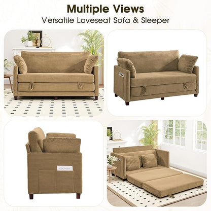 Myroyalsit 65" Convertible Loveseat Sofa Bed, 2-in-1 Folding Sofa Bed with 2 Pillow for Small Spaces, Modern Loveseat Sleeper Couch for Apartment, Living Room & Guest Room (Brown Corduroy, 65 inch)