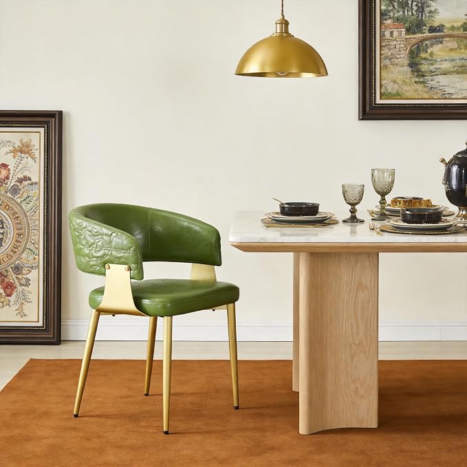 Atoll Modern Accent Dining Chairs Set of 4 with Upholstered PU Leather Seat & Curved Back, Metal Legs, Mid-Century Kitchen Chair for Dining Room, Living Room or Office (4, Green)