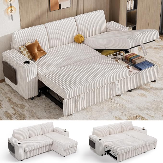Vipbear 86" Modular Sectional Sleeper Sofa with Pull Out Bed, 3 Seat Plush Corduroy L Shaped Couch with Storage Chaise|USB Ports|Cup Holders|Side Table|Storage Armrests, Tool Free Assembly, Beige