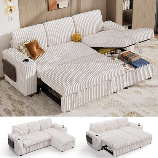 Vipbear 86" Modular Sectional Sleeper Sofa with Pull Out Bed, 3 Seat Plush Corduroy L Shaped Couch with Storage Chaise|USB Ports|Cup Holders|Side Table|Storage Armrests, Tool Free Assembly, Beige