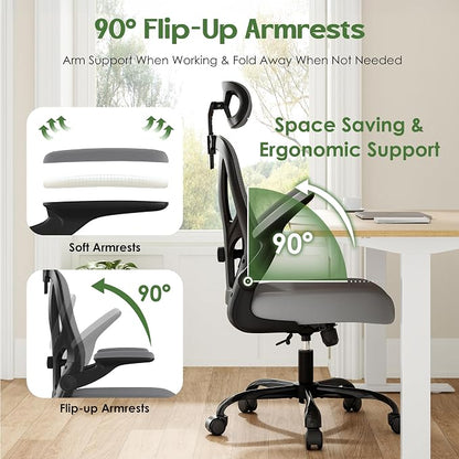 Office Chair Ergonomic Desk Chair - Mesh High Back Office Chair with Headrests Wheels Lumbar Support Home Desk Office Chairs Flip up Armrest Executive Rolling Computer Chair Black Gray 8 Pack