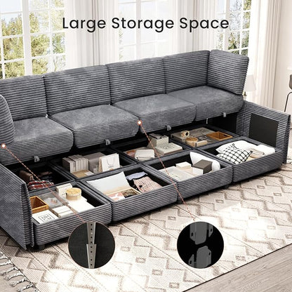 KKL 123" Modular Sectional Sofa Bed with Storage Ottoman, Convertible L/U/J-Shaped Sleeper Couch Plush Wide-Wale Corduroy for Living Room, Apartment, Modern Design, Gray
