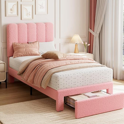 GarveeHome Twin Bed Frame with Under-Bed Drawer, Upholstered Platform Bed with Wave Headboard for Kids/Girls, Wooden Slats Support, No Box Spring Needed, Boucle Pink