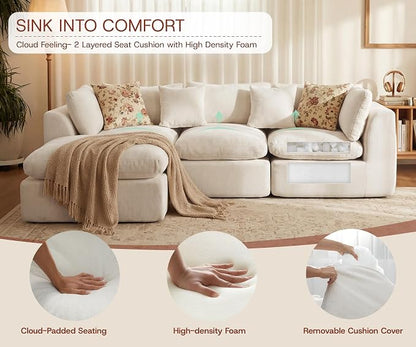 GRUSIGN 110'' Oversized Boneless Cloud Couch for Living Room, Modern Big Sectional Compressed L Shape Couch with Ottoman, Comfy Chenille Deep Seat Memory Foam Spineless 4 Seater Sofa, Beige
