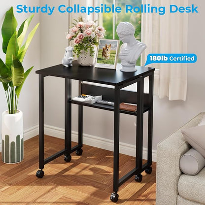 GreenForest Folding Desk with Wheels, 31.5 Inch Compact Rolling Computer Table with Storage Shelf, Portable Mobile Workstation for Small Spaces, Easy Assembly, Black
