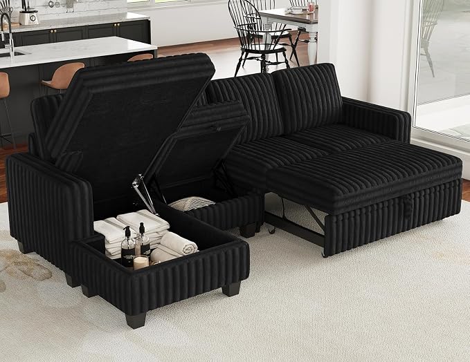 Belffin Modular Sectional Sofa with Storage Chaise Corduroy Sleeper Sofa with Pull Out Bed L Shaped Couch for Living Room. Apartment Couch. Black