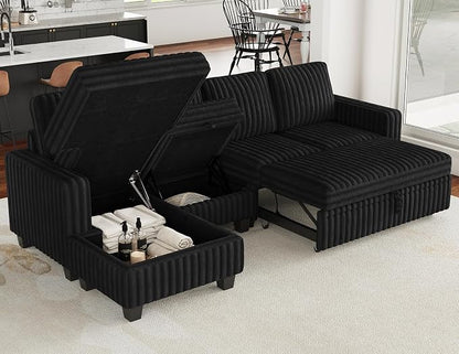 Belffin Modular Sectional Sofa with Storage Chaise Corduroy Sleeper Sofa with Pull Out Bed L Shaped Couch for Living Room. Apartment Couch. Black