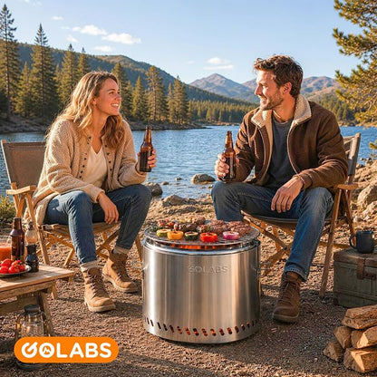 Golabs Smokeless Portable Fire Pit, 19.5" Stainless Steel, for Wood/Charcoal/Pellet Fuel, Portable with Sturdy Handles & Fire Cover, Suitable for 2-6 People, Perfect for Backyard, Picnics & Camping