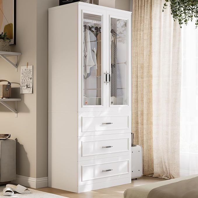 MEISSALIVVE Armoire Wardrobe Closet with 2 Door & 3 Drawers, 74.8" Large Wardrobe Cabinet with Hanging Rod, Freestanding Modern Bedroom Armoire Storage Cabinet, White