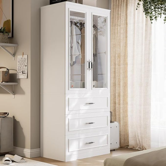 MEISSALIVVE Armoire Wardrobe Closet with 2 Door & 3 Drawers, 74.8" Large Wardrobe Cabinet with Hanging Rod, Freestanding Modern Bedroom Armoire Storage Cabinet, White