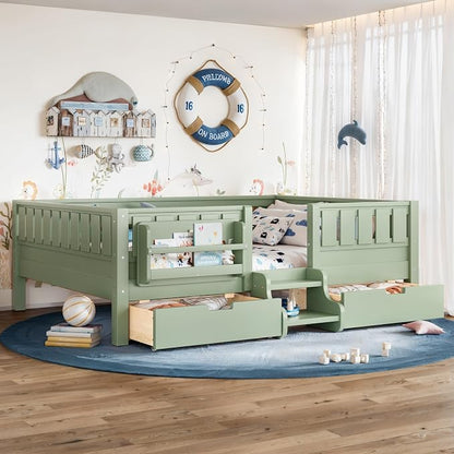 Bellemave Full Size Montessori Bed with Stairs, Rails and Slats, Full Size Montessori Floor Bed with Bookshelf and 2 Storage Drawers, Easy Assemble Beds Frame for Girls, Boys, Avocado Green
