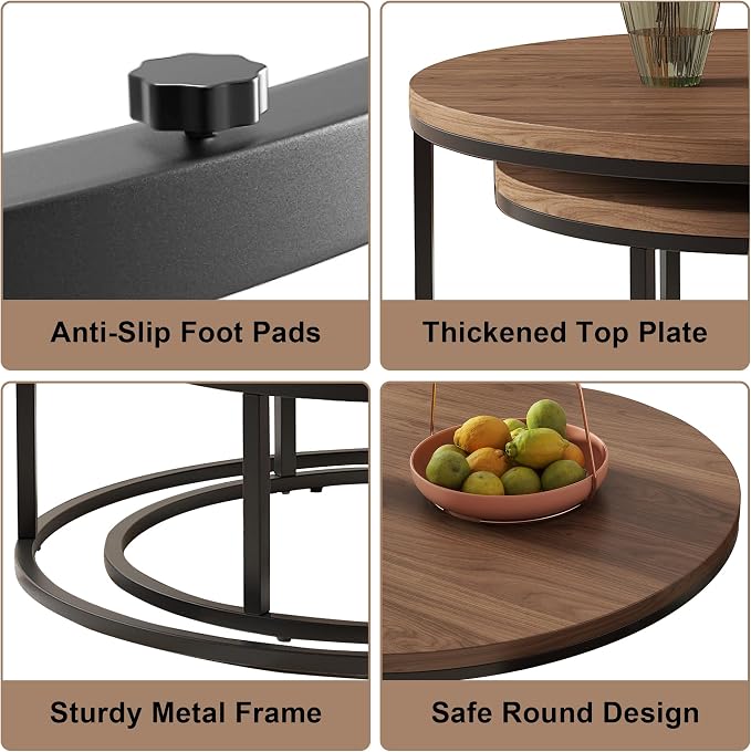 Round Nesting Coffee Table Set of 2, Modern Minimalist Accent Tables for Living Room, Bedroom, Office, Stackable Side Tables (Espresso)
