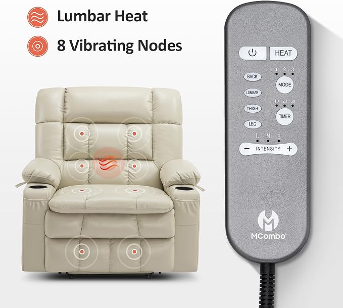 MCombo Small Dual Motor Power Lift Recliner Chair for Elderly, Zero Gravity Lift Chair with Heat and Massage, Lay Flat Recliner for Petite, USB Ports, Faux Leather R7894 (Cream White, Small-Wide)