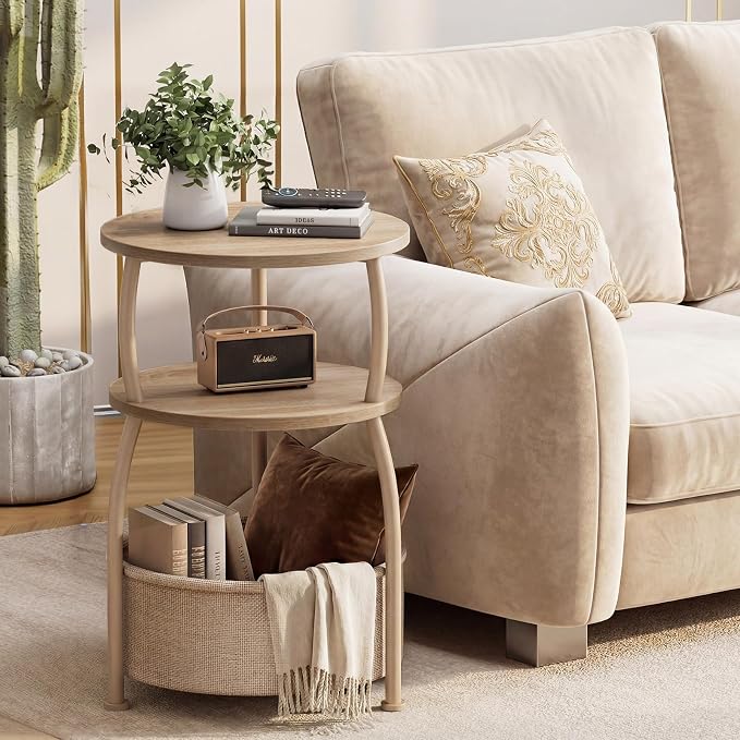 Round Side Table with Storage Basket, End Table Living Room | 3-Tier Bedside Table, Corner Table for Small Room, Bedroom, Garden, 15.75in Couch Side Table with Cat Bed, Accent Table