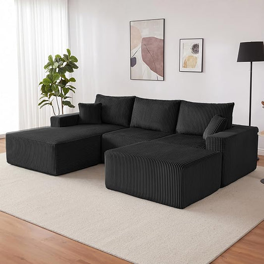 Weture 108” Modular Sectional Couches, Modern Modular U-Shape Sofa with Chaise, Cloud Sectional Couch with Deep Seat, Upholstered Boneless Sofa for Living Room (Corduroy, Black)