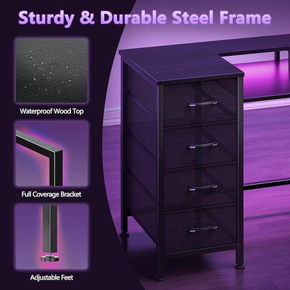 Korfile 55 Inch Computer Gaming Desk with Power Outlets LED Lights Reversible Home Office with Adjustable Fabric Storage Drawers for Working Writing Study, Black