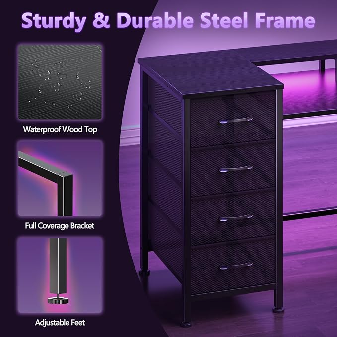 Korfile 61 Inch Computer Gaming Desk with Power Outlets & LED Lights Reversible Home Office Desk with Adjustable 5 Fabric Storage Drawers for Working Writing Study, Black