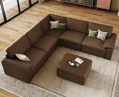 EASE MOOSE Oversized Modular Sectional Couch with Ottoman, Vintage Faux Leather Sectional Sofa with Deep Seat, Scratch Resistant Faux Leather Material, Extra Large L Shaped Couch,Deep Brown