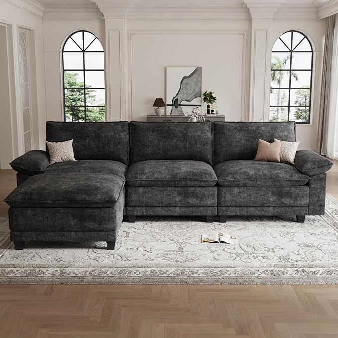 Modern L Shaped Sofa Couches for Living Room, Modular Sectional Cloud Couch with Movable Ottoman, Comfy Chenille Sofa for Apartment and Small Space, Black