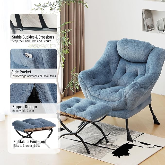 Furlide Lazy Chair with Ottoman, Modern Accent Chair with Armrests and a Side Pocket, Plush Light Blue Accent Chairs, Reading Chairs, Oversized Armchairs for Bedroom, Study, Living Room, Courtyard