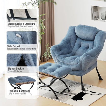Furlide Lazy Chair with Ottoman, Modern Accent Chair with Armrests and a Side Pocket, Plush Light Blue Accent Chairs, Reading Chairs, Oversized Armchairs for Bedroom, Study, Living Room, Courtyard