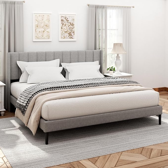 Sismplly King Size Bed Frame and Headboard,Vertical Channel Tufted Wingback No Box Spring Needed, Mattress Foundation, Easy Assembly Light Grey, Linen