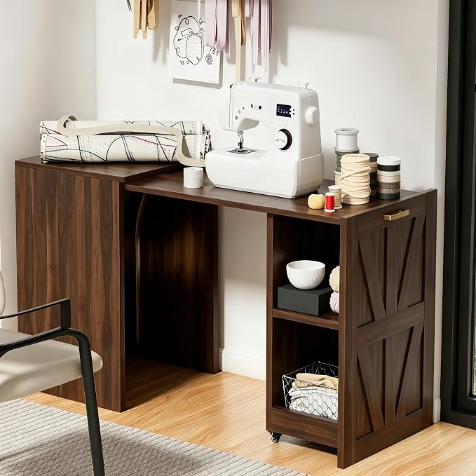 Folding Desk with Storage and Charging Station, Pull-Out Desk Cabinet with Spacious Desktop, Foldable Computer Table for Small Space, Walnut