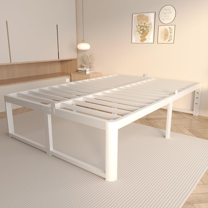 VYM 16 Inch Full Bed Frames, Platform Bed with Metal Gaskets, No Box Spring Needed, Anti-Slip Mattress Stopper, Heavy Duty Steel Slat Support 3500 LBS, Round Corner Leg, Easy Assembly, White