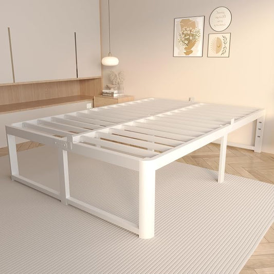 VYM 16 Inch Bed Frame King Size with Metal Gaskets, Anti-Slip Mattress Stopper, No Box Spring Needed, Heavy Duty Steel Support 3500 LBS, DIY Headboard, Round Corner Leg, Easy Assembly, White