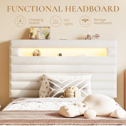 SHA CERLIN Twin Bed Frame with LED Light & 2-Tier Storage Shelf, Velvet Upholstered Adjustable Headboard with Charing Station, Horizontal Channel Tufted, No Box Spring Needed, Easy Assembly, White