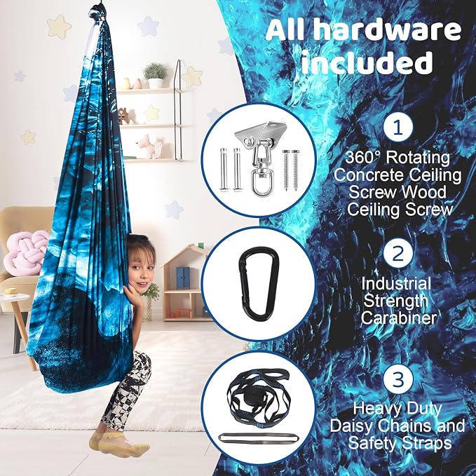 HiCamer Double Layer Sensory Swing for Kids & Adults Holds up to 300lbs Indoor and Outdoor Therapy Cuddle Swing with 360° Swivel Hanger Kit Adjustable with Aspergers Autism ADHD (Ice Teal)