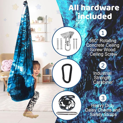 HiCamer Double Layer Sensory Swing for Kids & Adults Holds up to 300lbs Indoor and Outdoor Therapy Cuddle Swing with 360° Swivel Hanger Kit Adjustable with Aspergers Autism ADHD (Ice Teal)