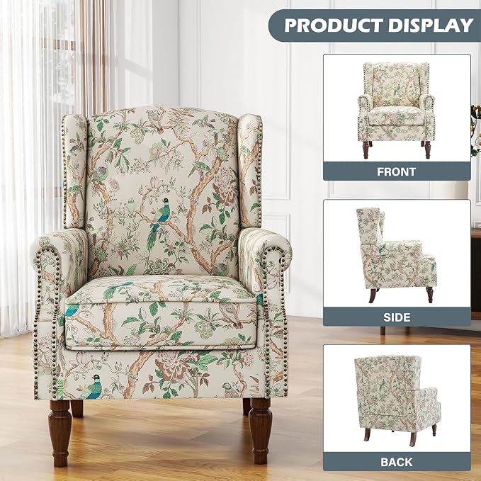 High Back Accent Chairs Set of 2, Fabric Upholstered Armchair Floral Wingback Chair for Living Room, Comfy Single Sofa Solid Wood Legs Bedroom Reading Seat - Pattern Bird
