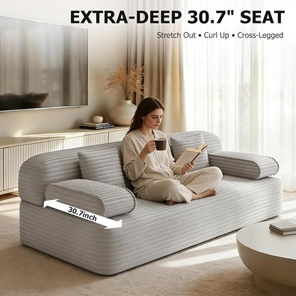 Convertible Sofa Bed, 78.7" Frameless Floor Sofa-in-a-Box, Corduroy Boneless Couch for Small Space Apartments, Queen Sleeper Sofa for Everyday Use, 3 Pillows Included, No Assembly (Light Grey)